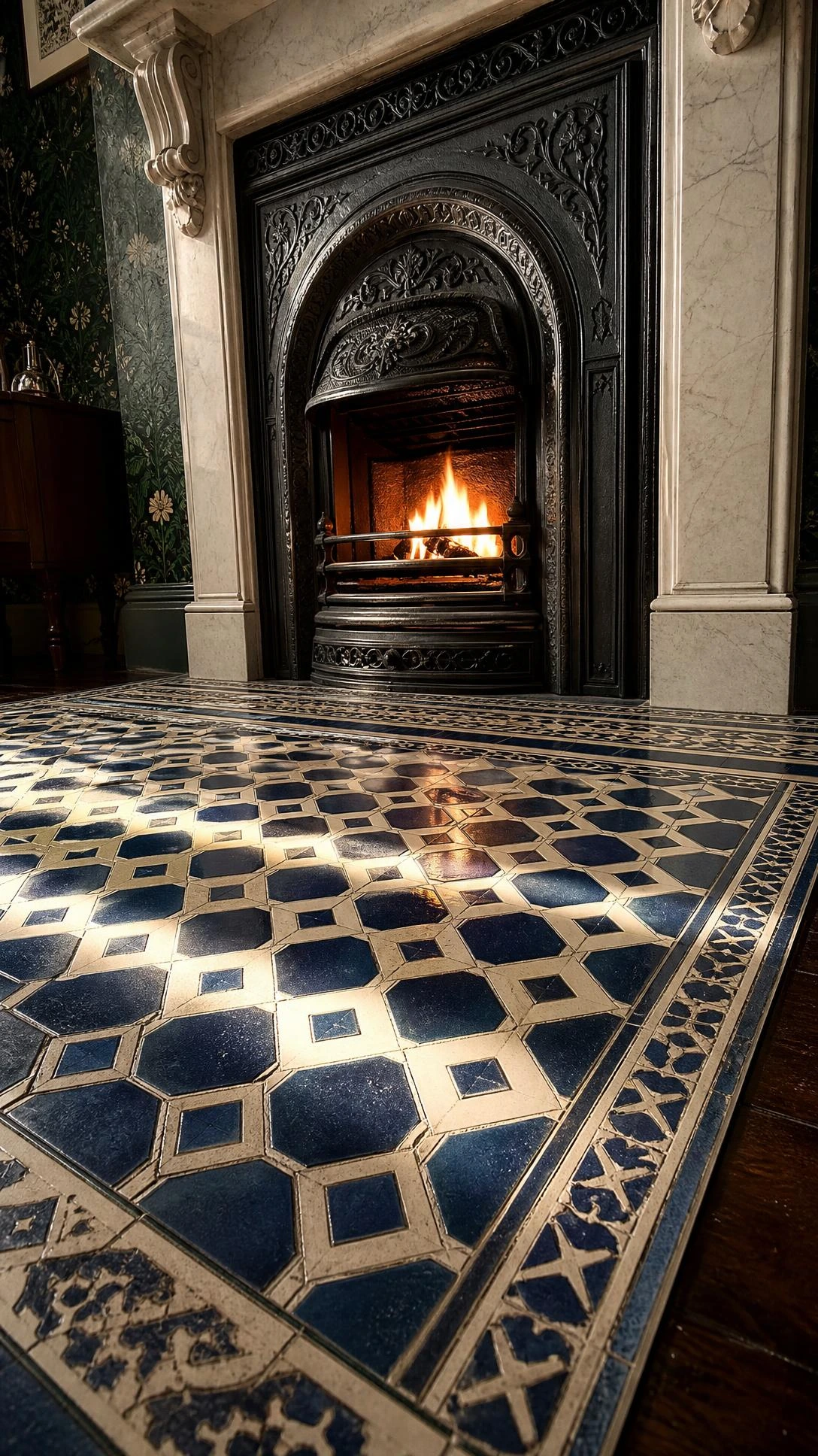 Deep navy and ivory geometric tiles on a Victorian fireplace hearth, interlocking diamonds and octagons photographed from floor level for dramatic effect