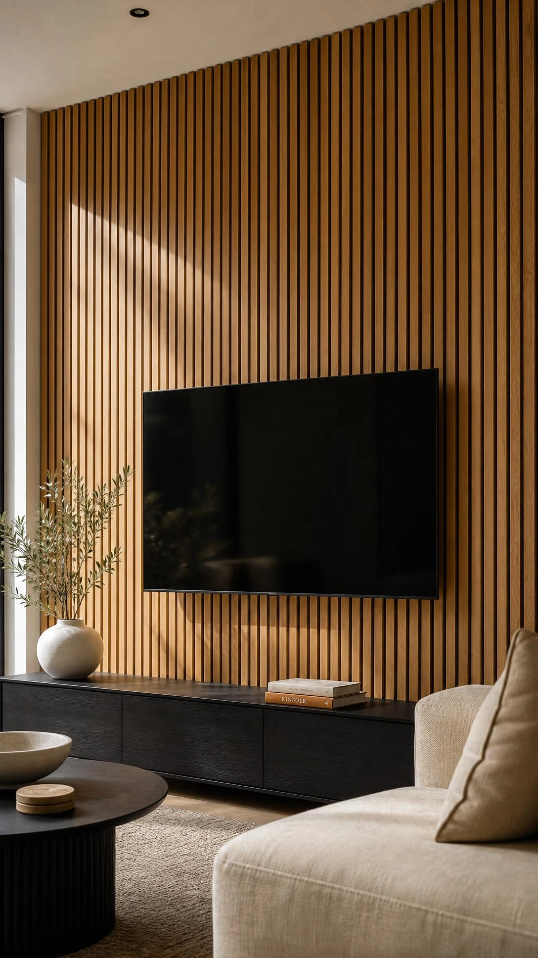 Floor-to-ceiling honey oak timber slat panel wall behind a wall-mounted TV, creating vertical rhythm in a modern living room feature wall