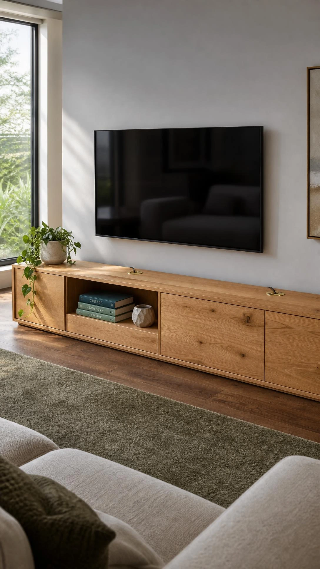 Light oak timber TV unit with integrated cable management grommets spanning a bright living room wall, keeping wires hidden without sacrificing natural warmth
