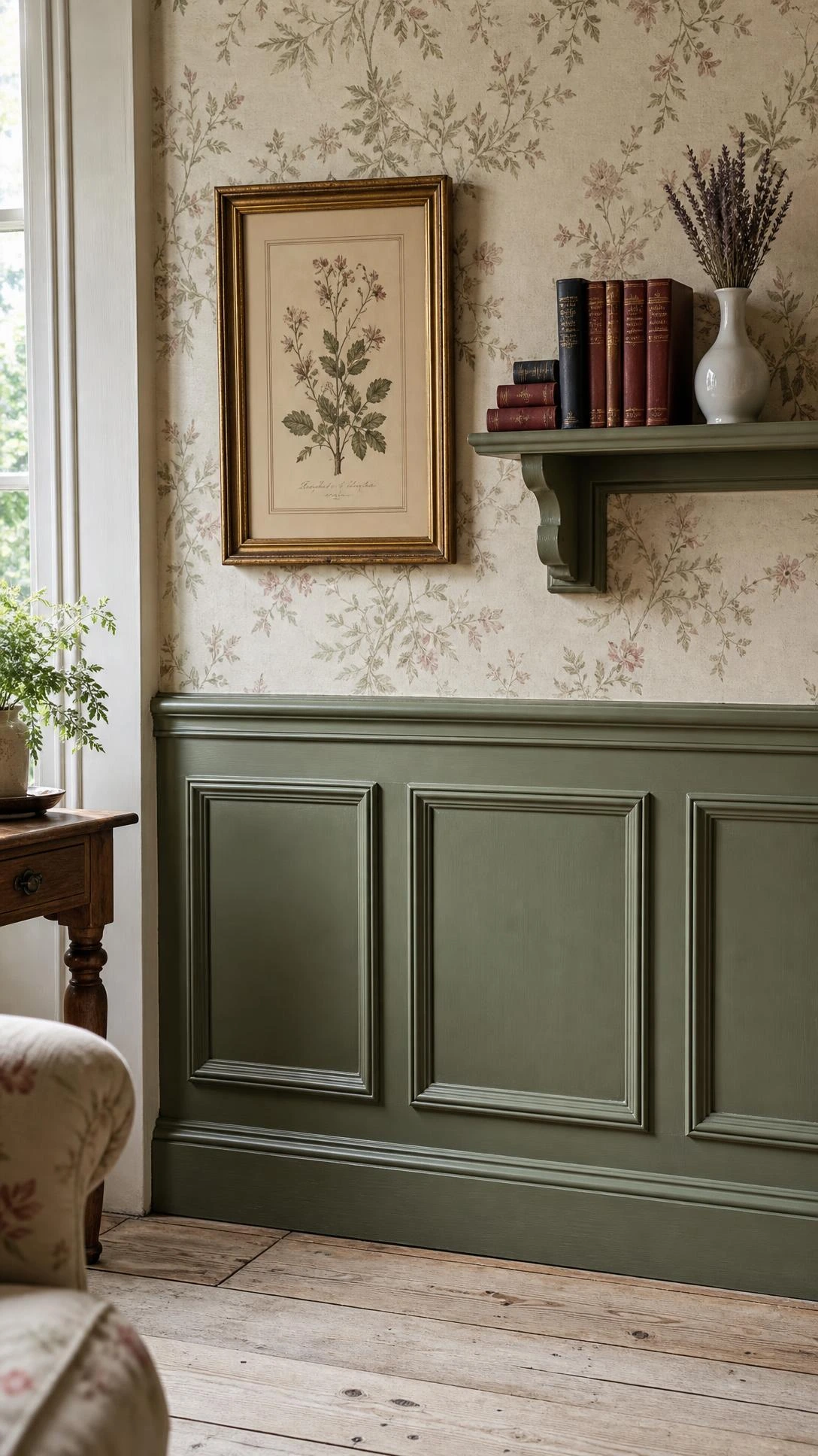Raised-panel wainscoting painted heritage sage green adds authentic English countryside character to a warm, light-filled traditional living room