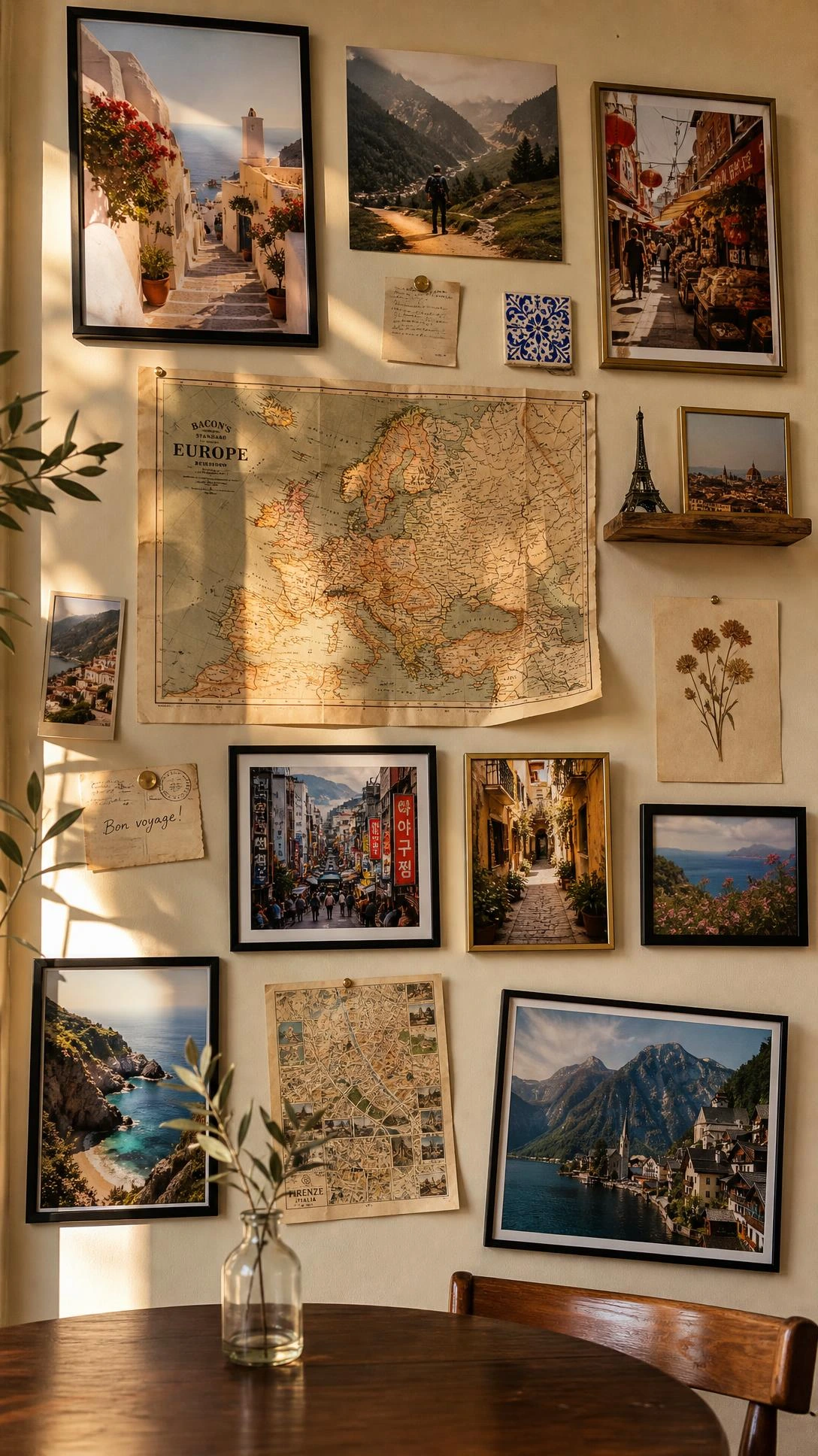 Travel gallery wall in warm dining room featuring black metal and gold frames, vintage European road maps, and pinned photographs layered for rich visual storytelling