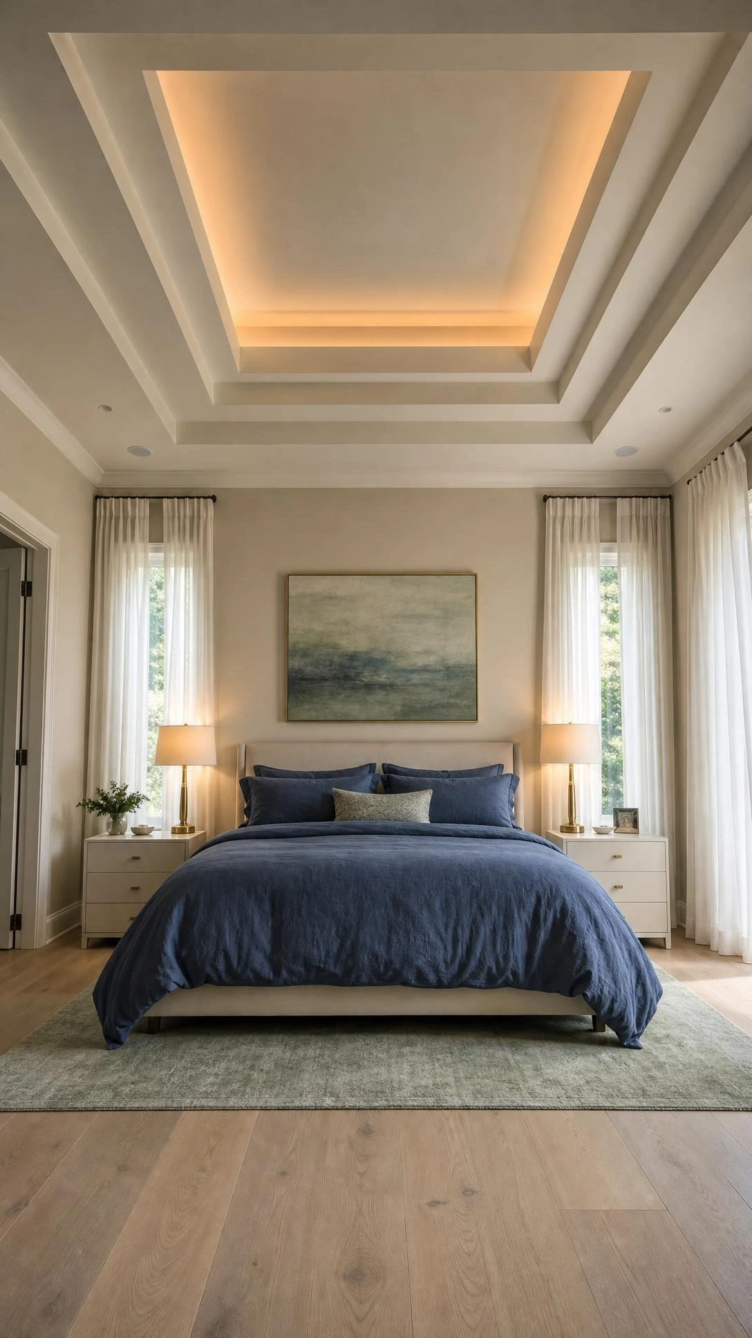 Bedroom with three-tier gypsum tray ceiling featuring warm recessed LED strip lighting that creates the illusion of extra height and architectural depth