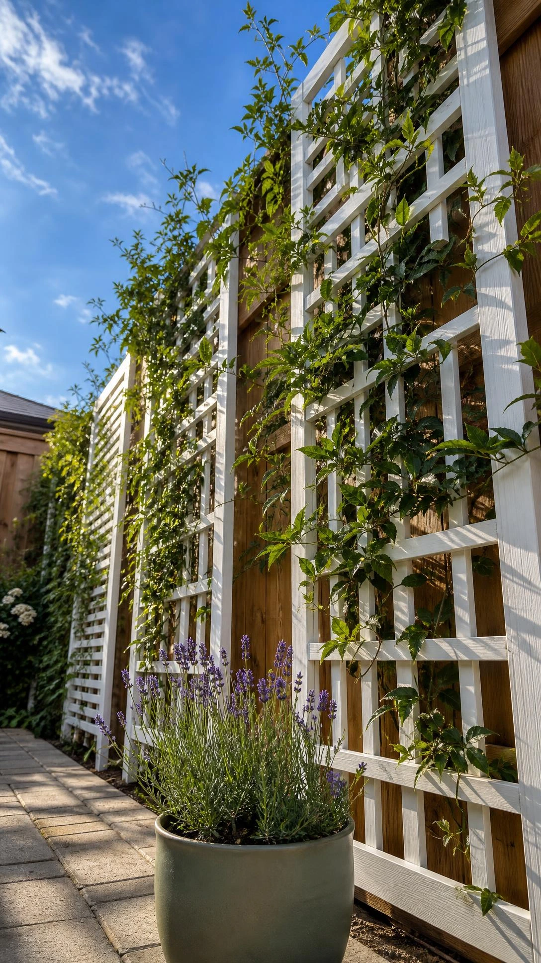 Tall white-painted wood trellis panels mounted along a cedar fence line, photographed from ground level to show full height and privacy screening potential on a backyard patio