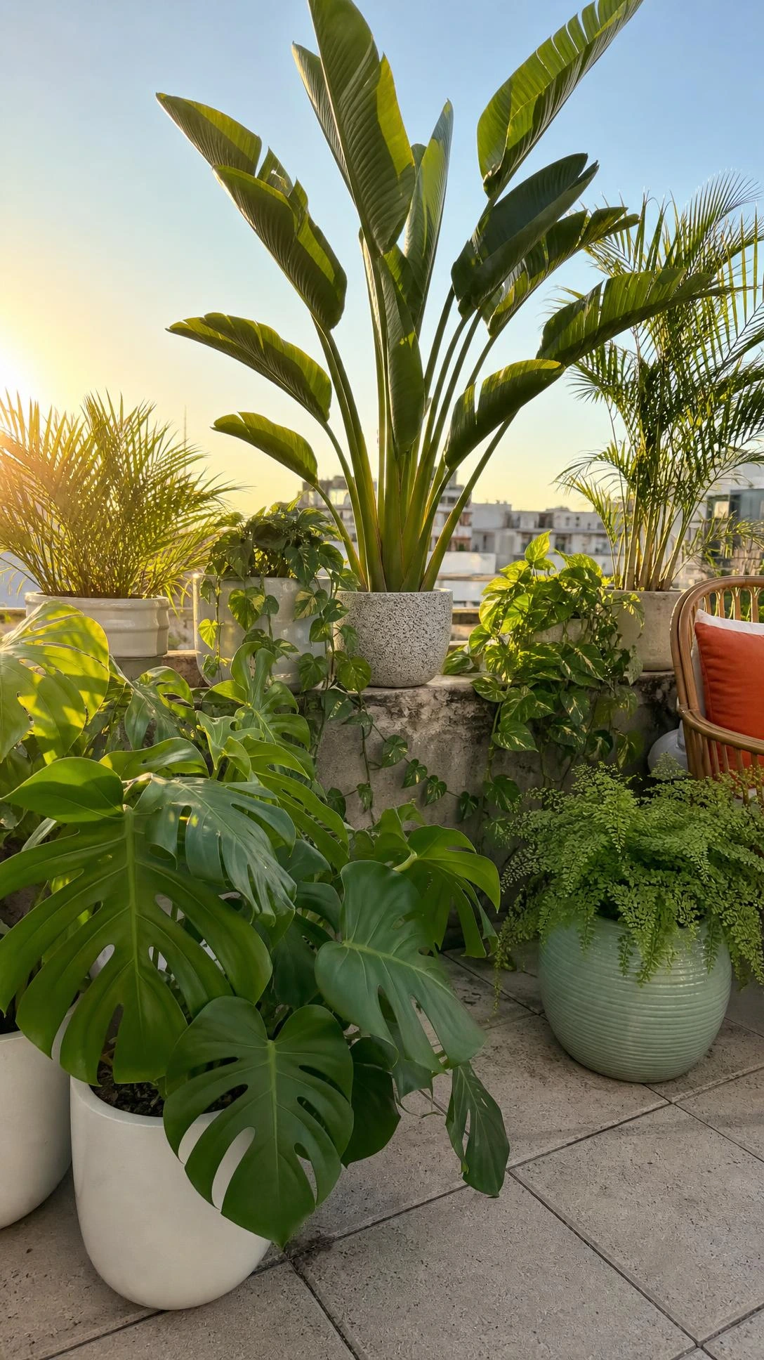 Lush monstera and bird of paradise plants in matte white ceramic pots on a sun-drenched rooftop terrace, turning an urban outdoor space into a tropical escape