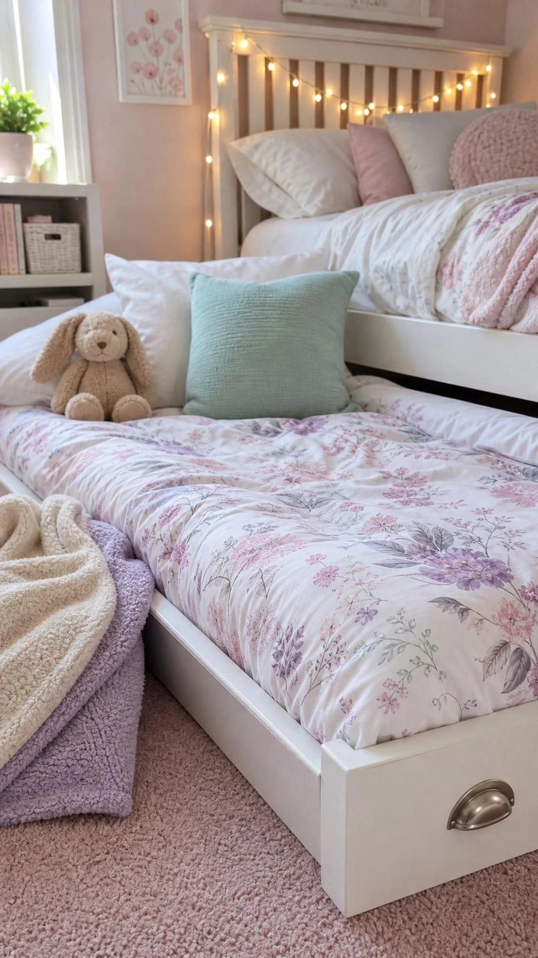 White wooden trundle bed pulled out with lilac floral duvet and mint pillow, showing how a girls' trundle bed handles sleepovers in style