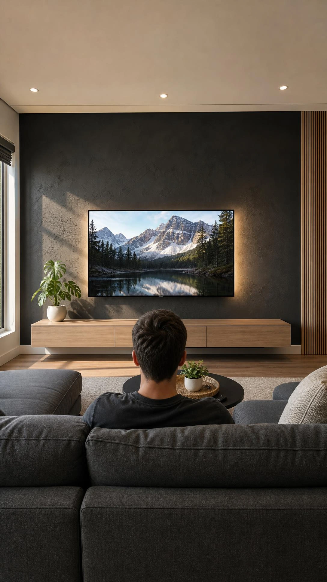 Large flat-screen TV mounted at 42-inch eye level on a dark charcoal accent wall, with sightline perfectly aligned to a low-profile sectional sofa opposite