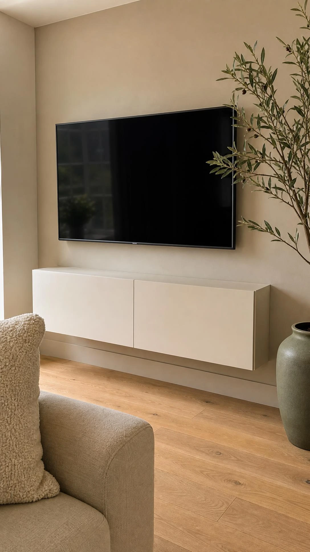 Wall-mounted TV unit with flush matte white closed cabinet doors and brushed brass push-to-open hardware hiding all cables in a bright living room