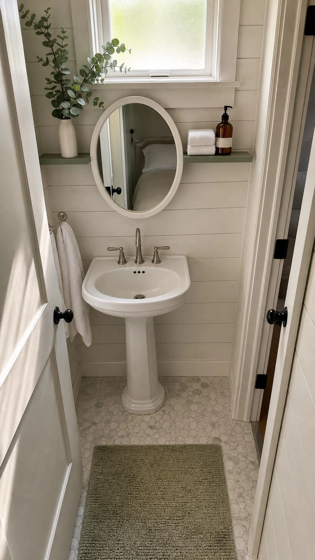 Compact shared bathroom in a two-bedroom cottage house plan with white pedestal sink, brushed nickel fixtures, and natural light from a frosted window