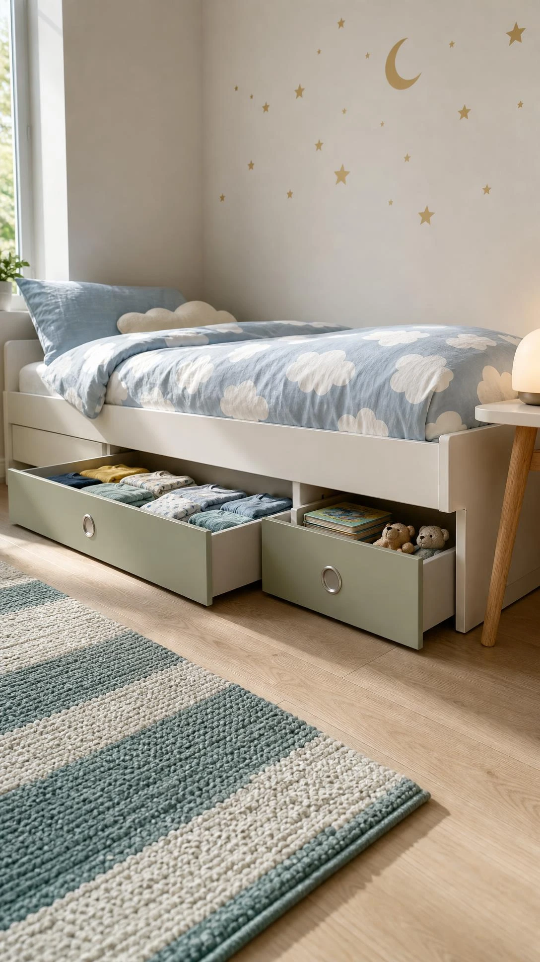 Low white platform toddler bed with built-in sage green under-bed storage drawers, one open showing neatly folded kids' clothing — maximizing space in a small room