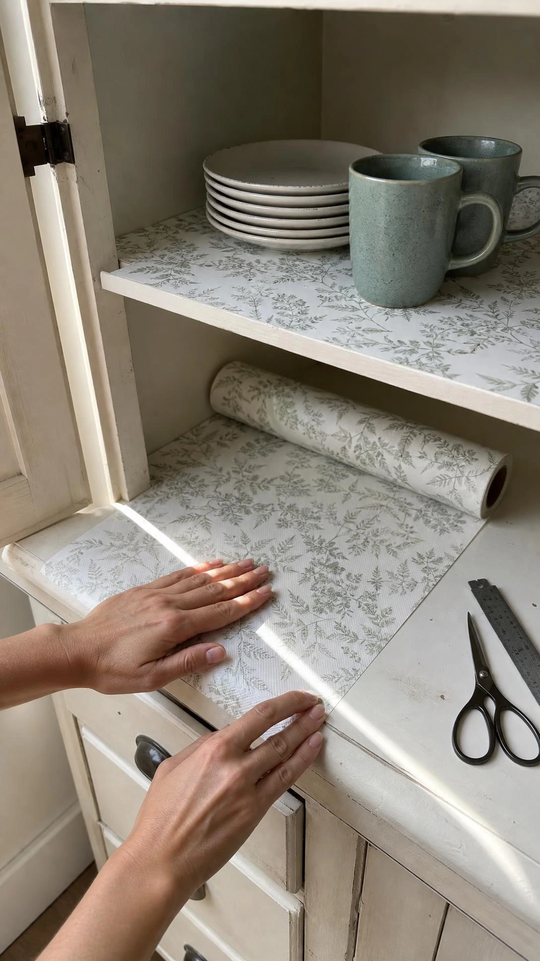 Hands smoothing a white and sage green botanical-print shelf liner into a freshly painted kitchen cabinet interior during a cabinet makeover