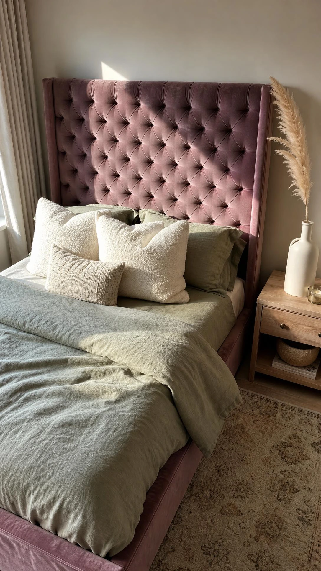 Dusty mauve velvet tufted upholstered bed frame with tall headboard as the luxurious bedroom centerpiece in a modern master suite