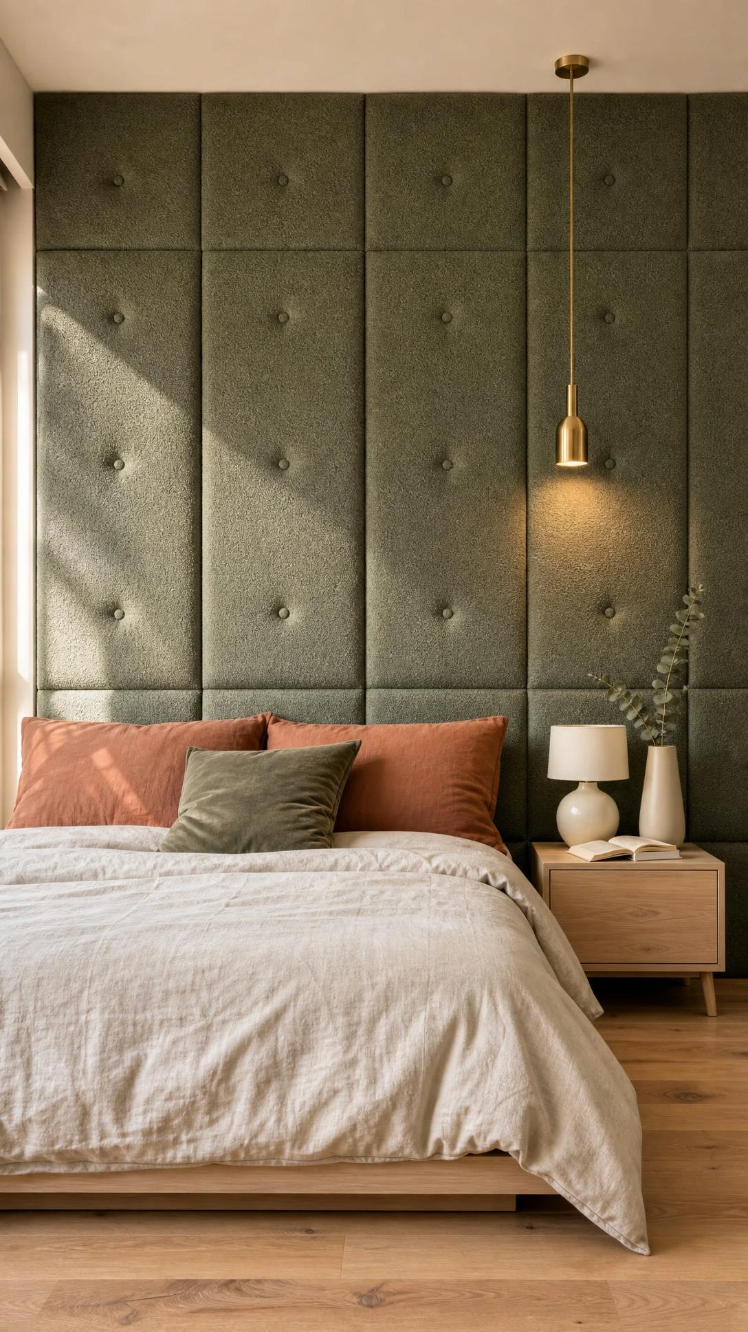Floor-to-ceiling dusty sage green bouclé fabric panels with button tufting create a padded upholstered feature wall in a cozy bedroom