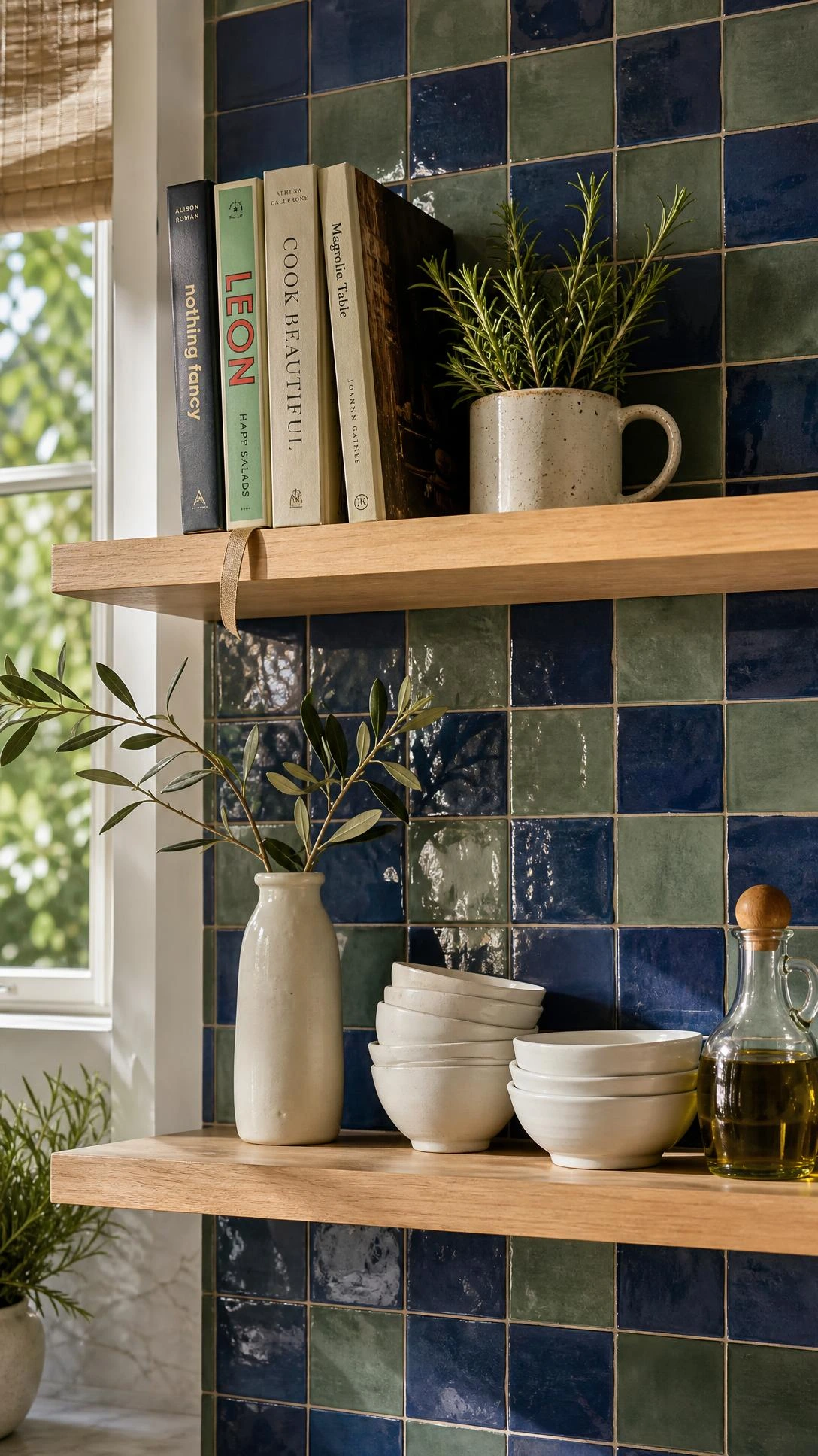 Floating kitchen shelves against a cobalt blue and sage green zellige tile backsplash, with glossy handmade tiles catching warm natural window light