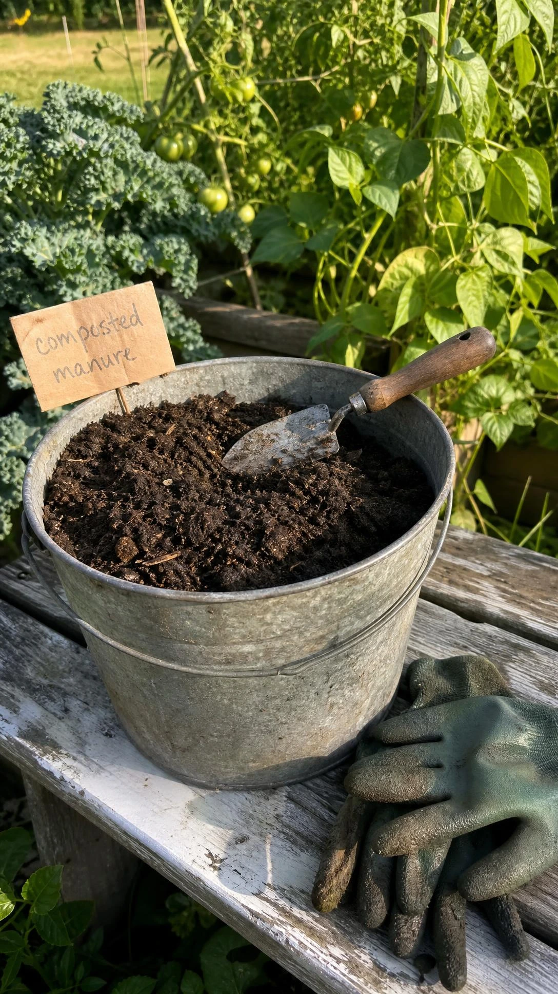Aged chicken manure compost in a galvanized steel bucket on a weathered garden bench, ready to safely fertilize kale, tomatoes, and bean plants