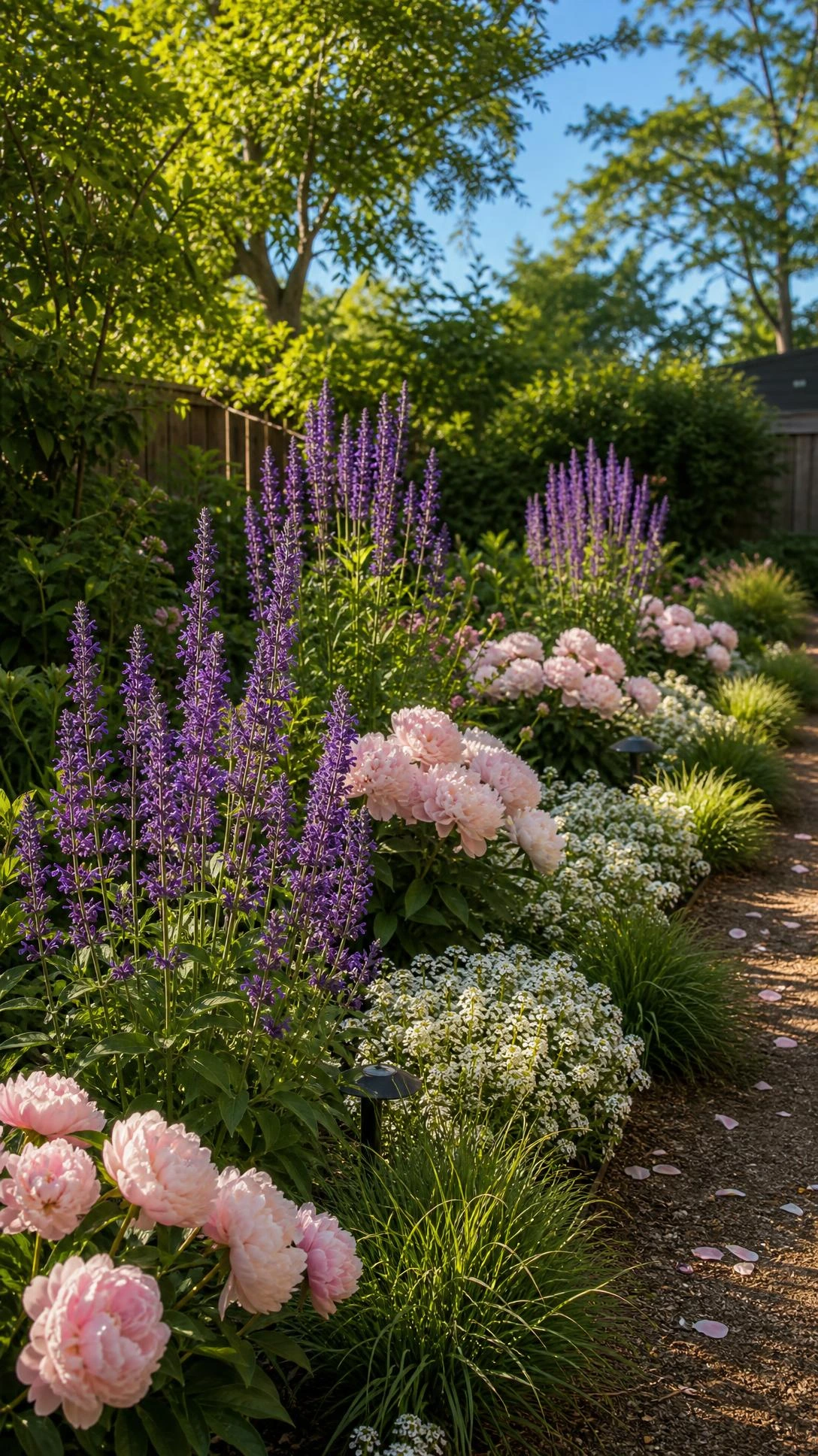 Three evenly spaced lavender salvia clusters repeat along a curved garden border, demonstrating how intentional repetition creates a cohesive, designed flower garden.