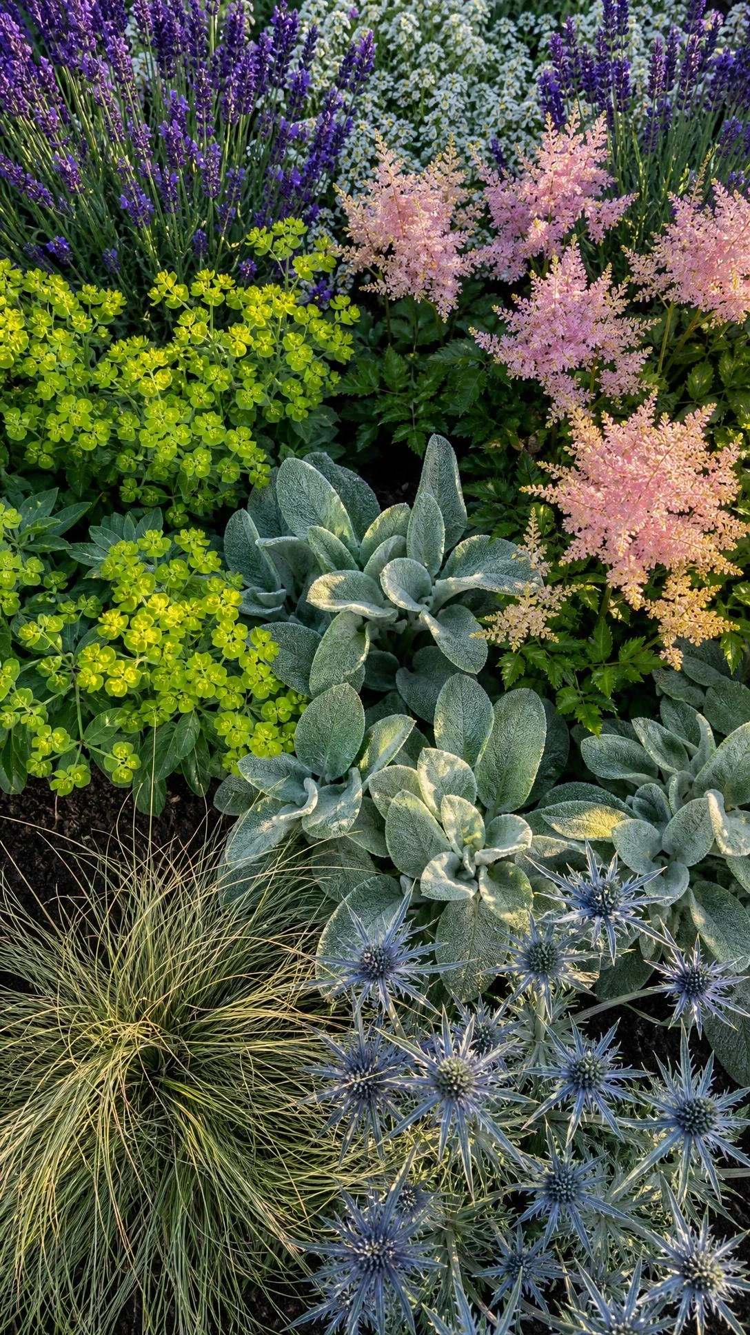 Overhead flat lay of a flower bed showcasing textural contrast between spiky sea holly, steel-blue bracts, and ornamental grasses for flower garden design depth