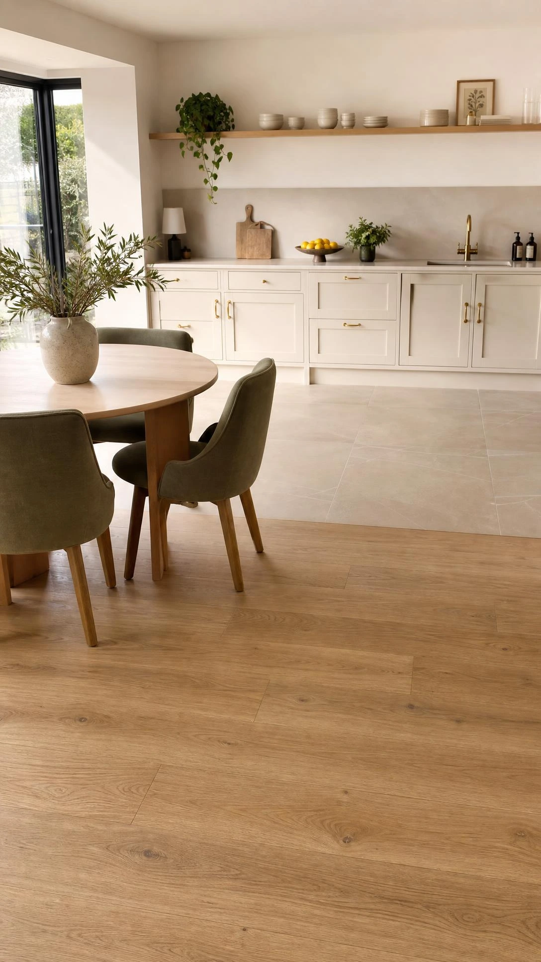 Open kitchen dining room with oak hardwood floors in the dining zone transitioning to a contrasting kitchen floor, bathed in natural window light