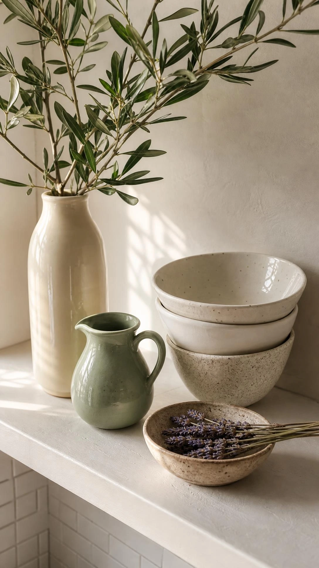White kitchen shelf styled with tall olive branch in cream ceramic vase, mid-height stacked bowls, and small objects creating dramatic height contrast