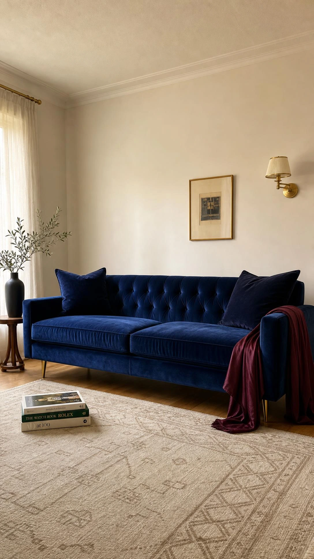 Deep sapphire velvet sofa with tufted back and brass legs catching soft natural window light, showing how a jewel-toned luxury drawing room piece works in an everyday living room