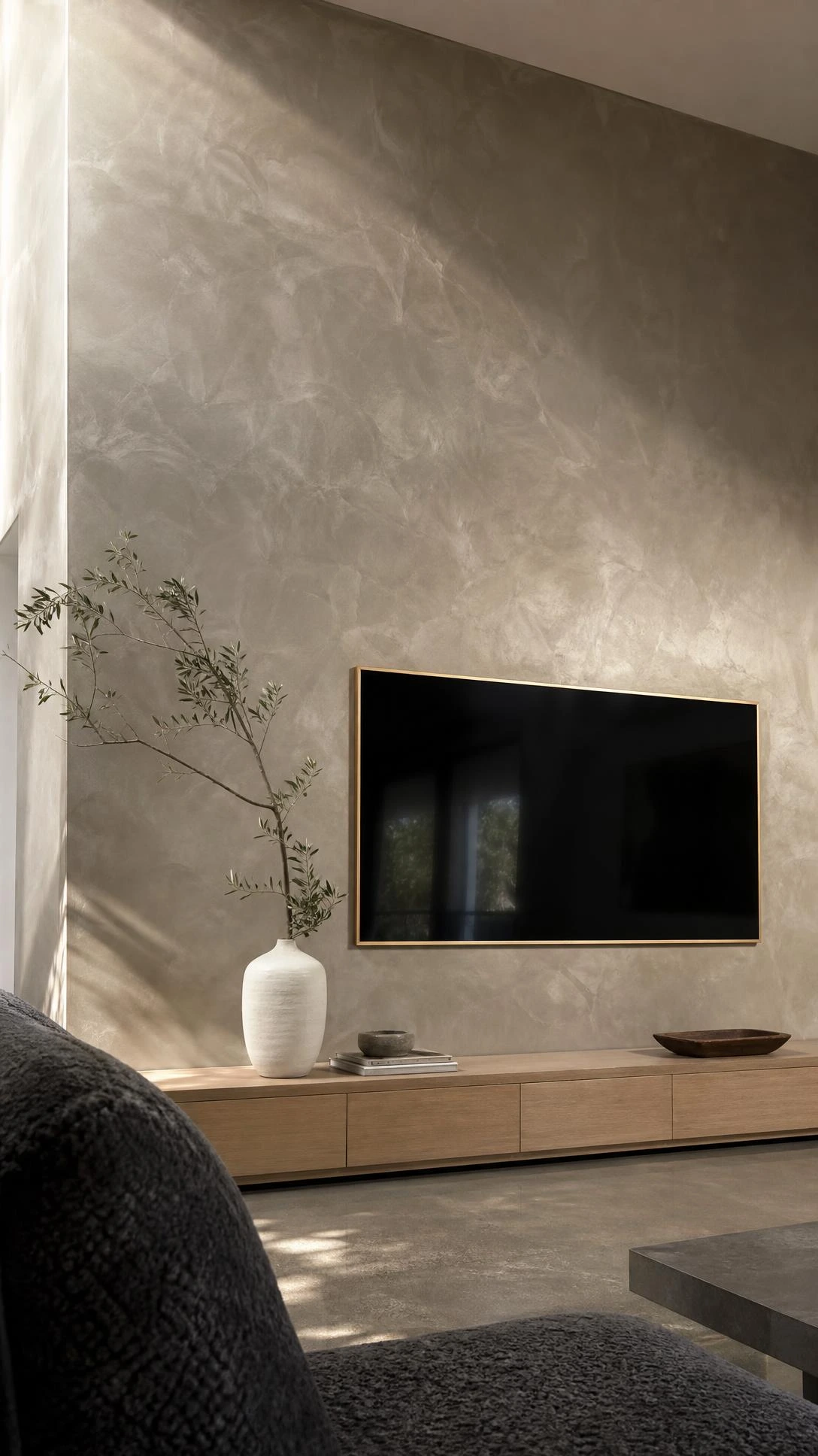 Venetian plaster TV feature wall in warm taupe-grey with hand-troweled layers creating luminous depth, photographed floor to ceiling in a modern living room