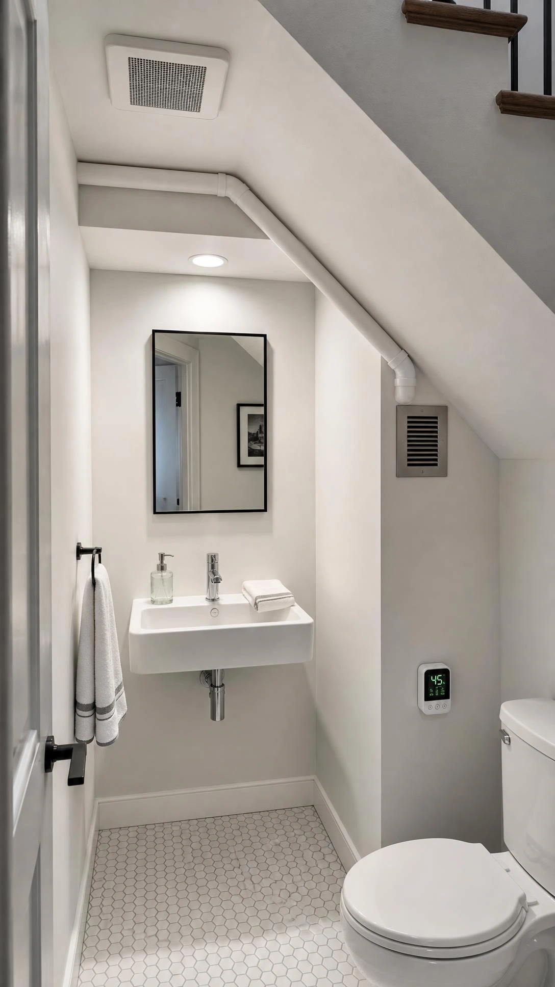 Compact under-stair powder room with no exterior windows showing a flush-mounted inline exhaust fan on the angled ceiling, styled in soft white with brushed nickel finishes
