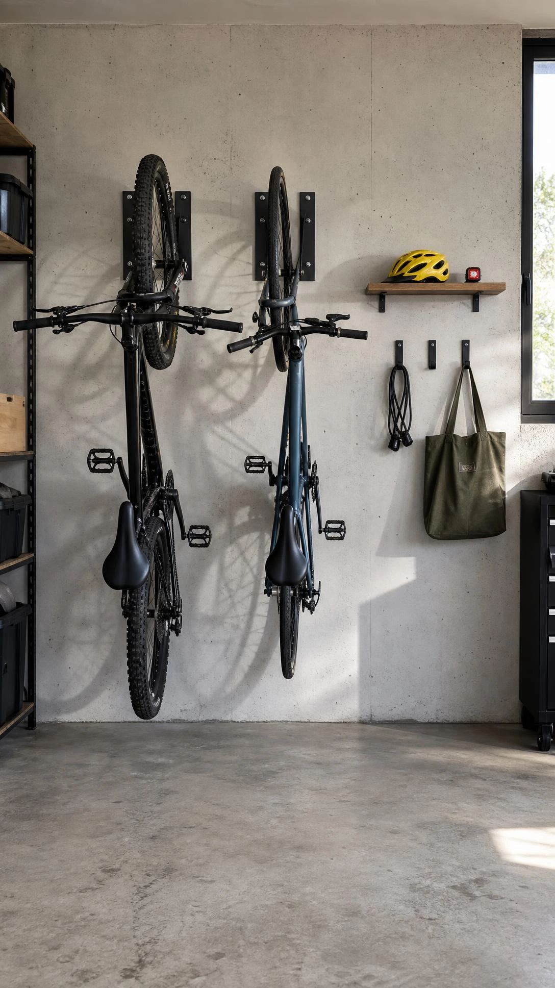 Heavy-duty vertical bike storage wall hooks mounted in a clean row on a light gray garage wall, maximizing floor space in a compact organized garage