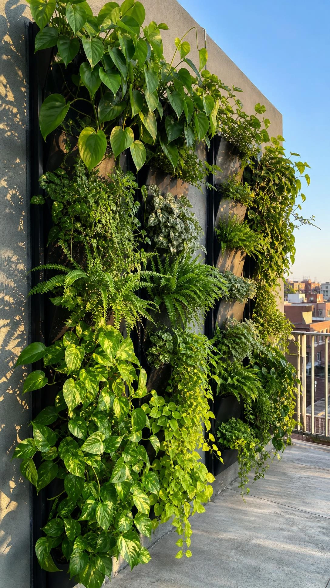 Modular vertical planter wall on a narrow rooftop terrace, with matte black metal pocket frames rising floor-to-ceiling and maximizing greenery without using floor space