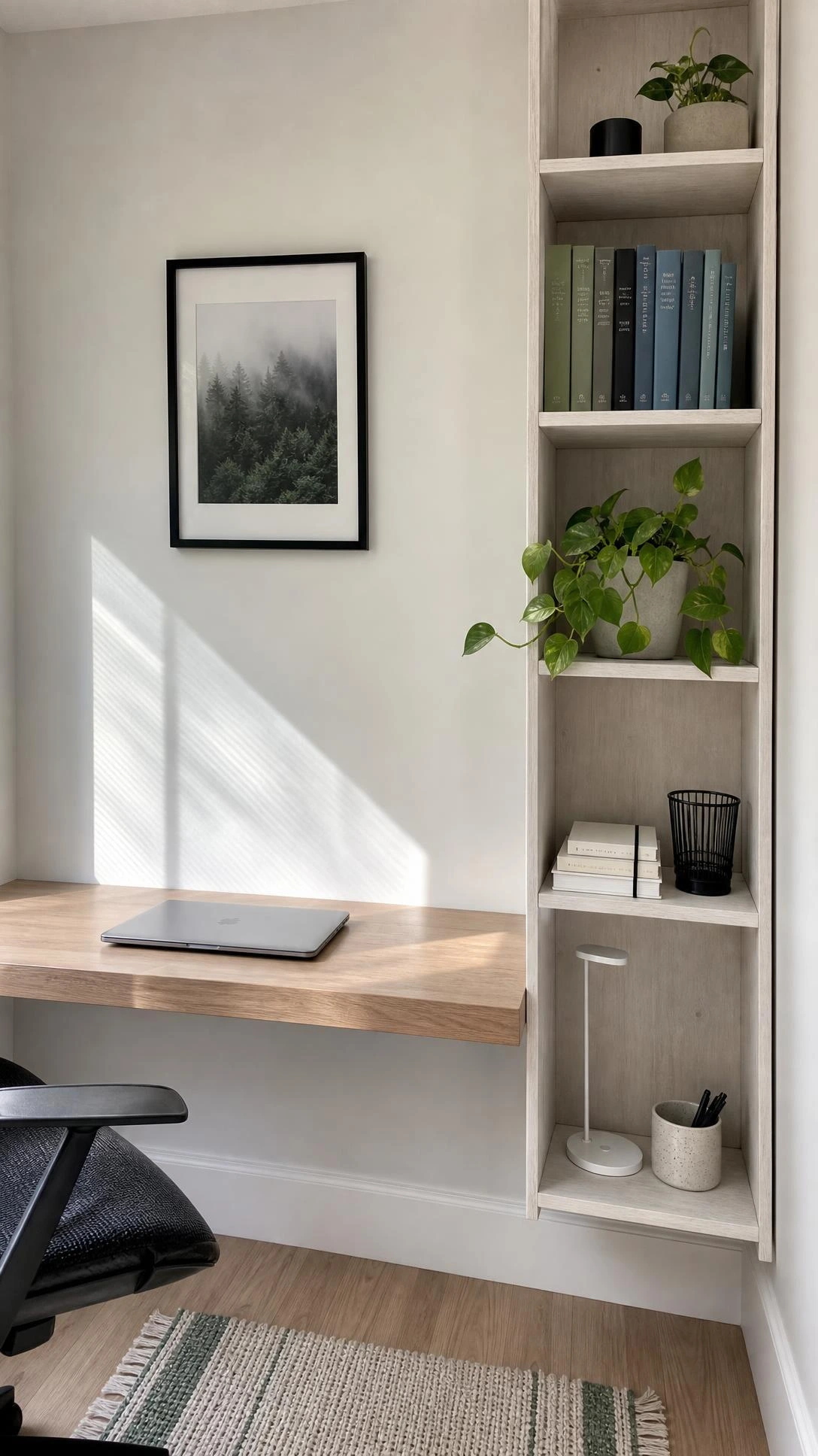 Floor-to-ceiling whitewashed wood shelving unit in a compact home office nook, showing how vertical storage keeps desk surfaces clear in small spaces