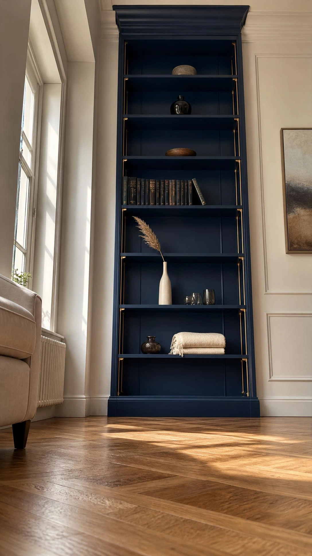 Tall navy built-in shelving unit stretching floor to ceiling in a small formal living room, keeping hardwood floors completely clear to maximize space
