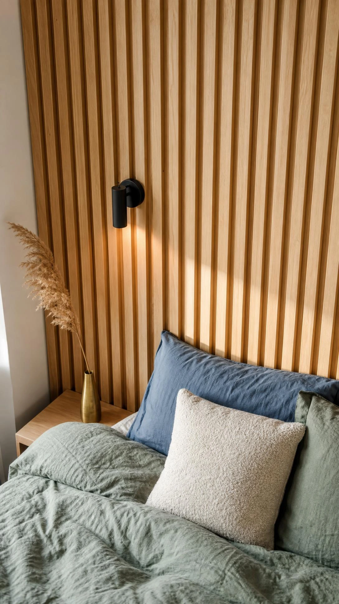 Floor-to-ceiling vertical wood slat panel wall in light oak with even spacing, anchoring a modern bedroom corner as a bold yet warm feature wall