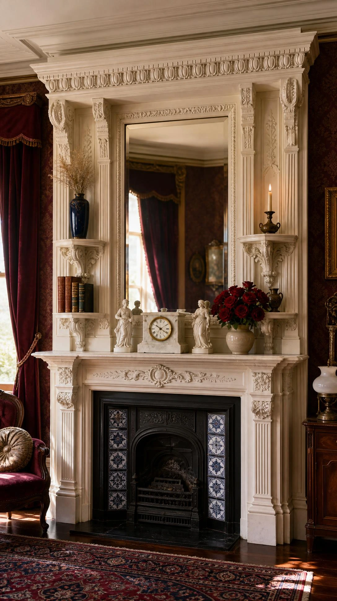 Ornate Victorian overmantel in aged ivory with carved scrolled corbels, egg-and-dart moulding, and a beveled mirror catching warm afternoon light in a parlor