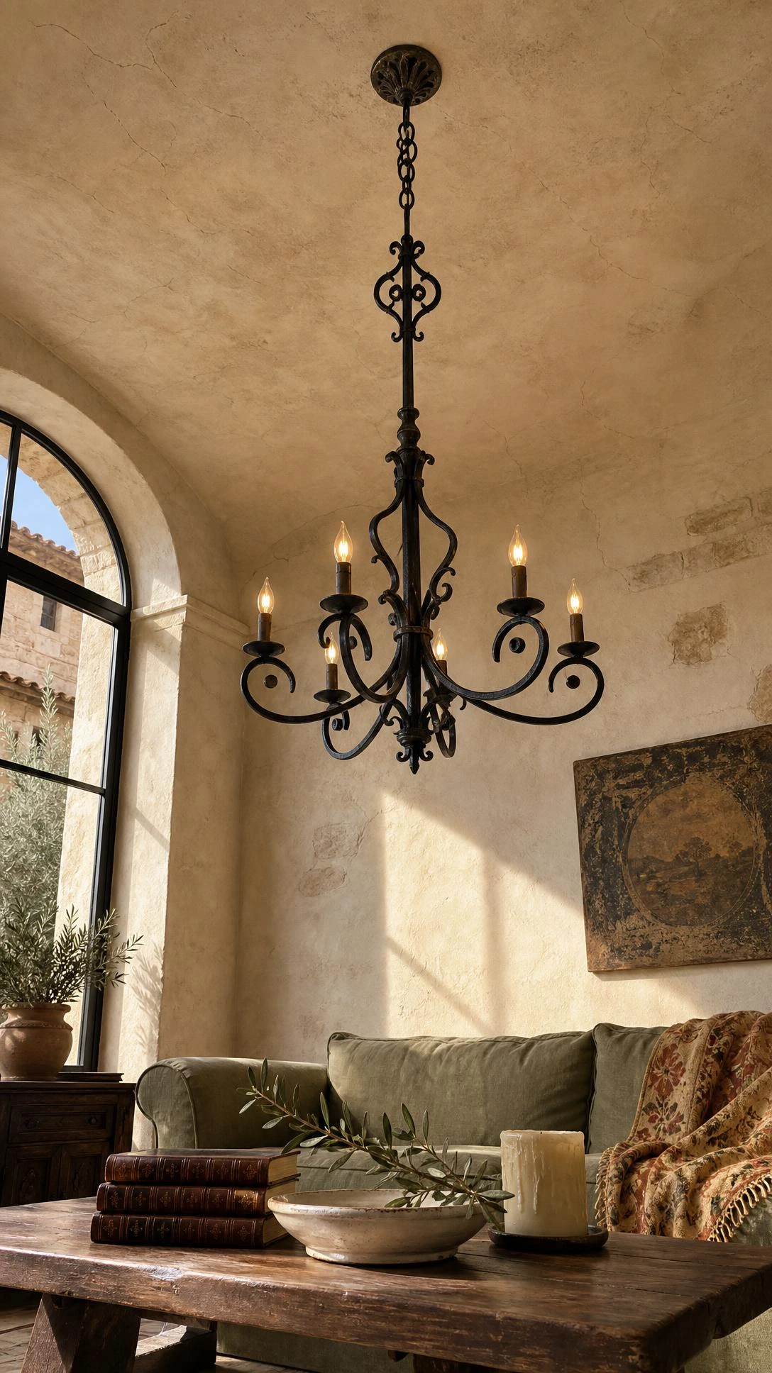 Wrought iron pendant light with curved candelabra arms hanging from a high plastered ceiling in an Italian-inspired living room, photographed from a dramatic low angle