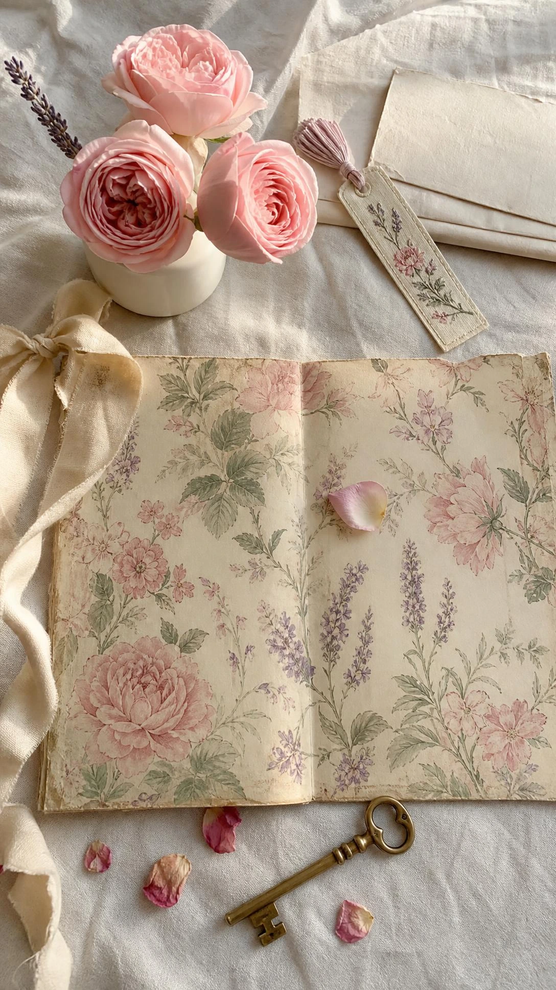 Vintage floral wallpaper sample with blush roses, dusty lavender, and sage leaves on ivory — a romantic bedroom wallpaper option that costs far less than repainting