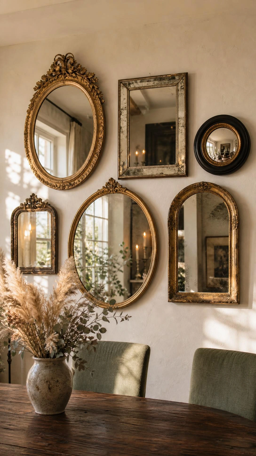 Eclectic vintage mirror gallery wall in a dining room, featuring gilded oval, beveled rectangular, and round mirrors layered as a bold focal point