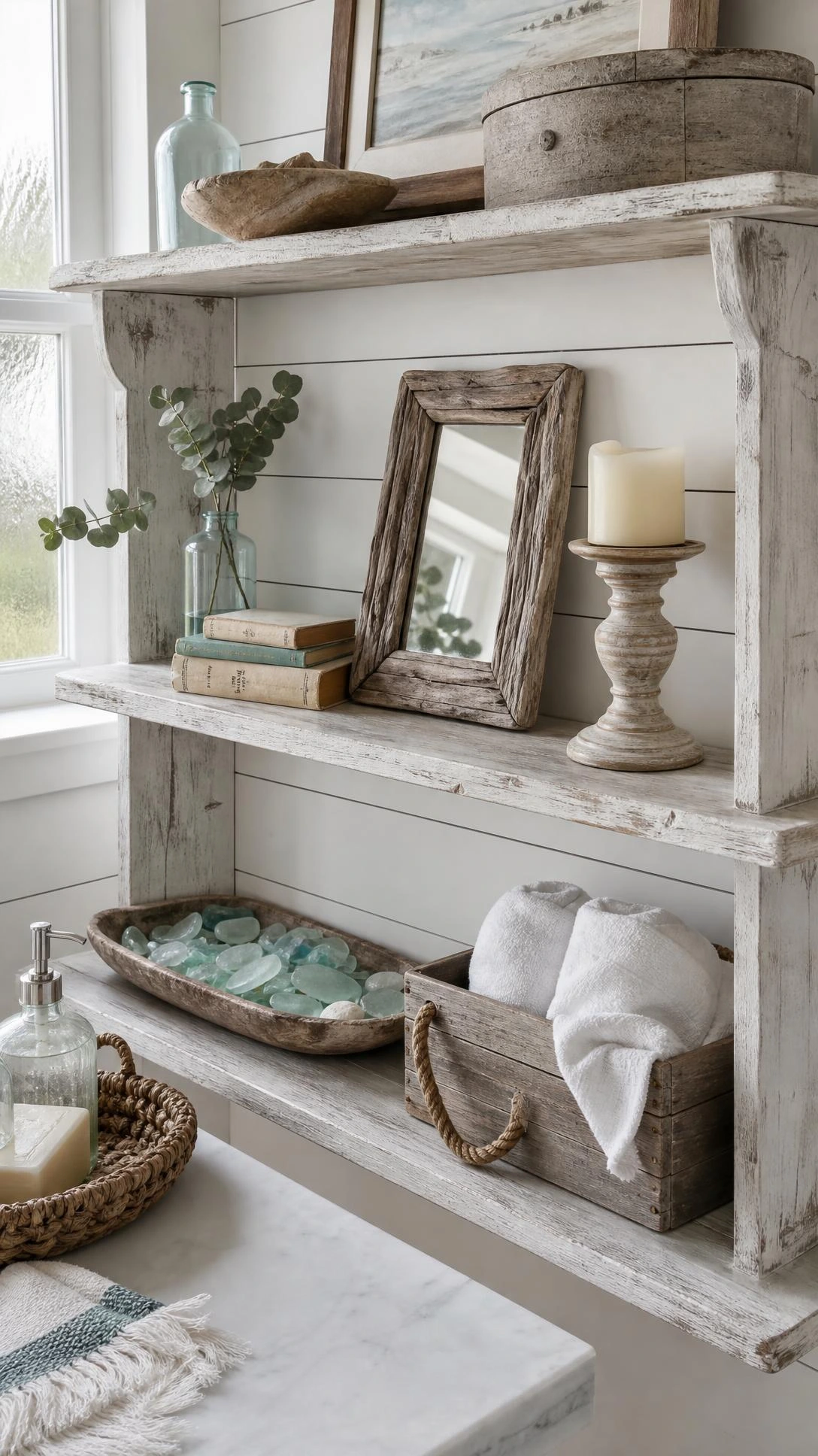 Whitewashed wooden shelf styled with vintage coastal finds against shiplap wall, bathed in soft natural light from a frosted window