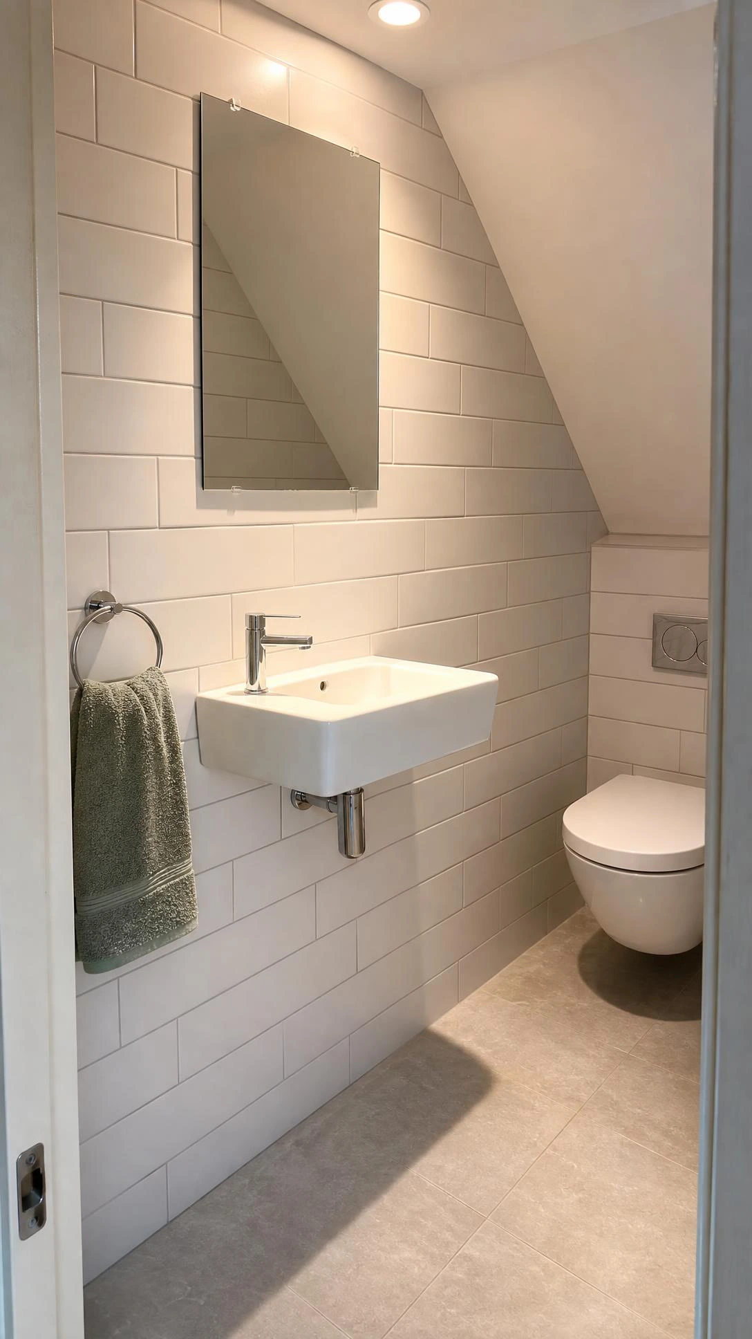 Wall-mounted white porcelain sink with slim chrome faucet on subway tile in a compact under-stair bathroom, maximizing floor space with no pedestal