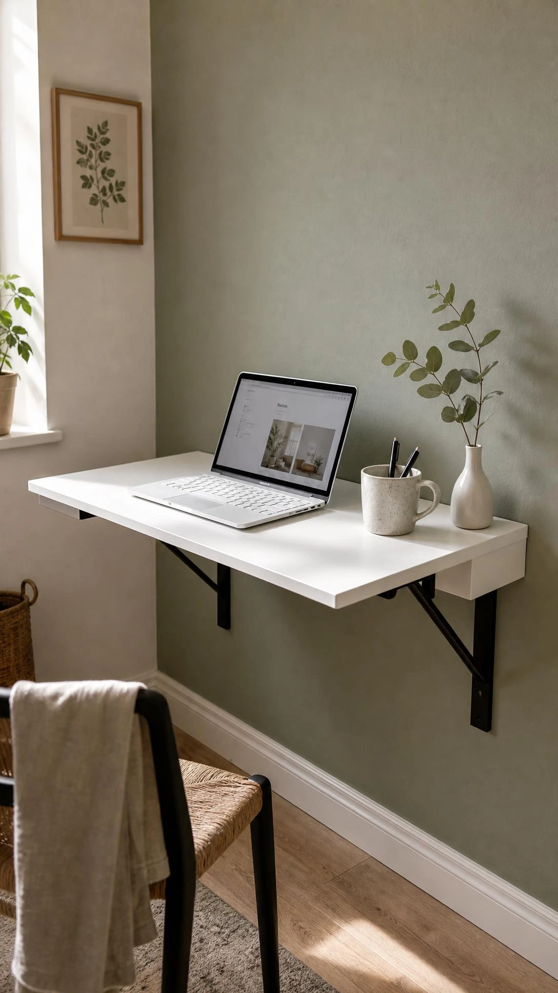 Wall-mounted fold-down desk in white MDF open against a sage green wall, holding a laptop and ceramic mug in a compact apartment home office nook