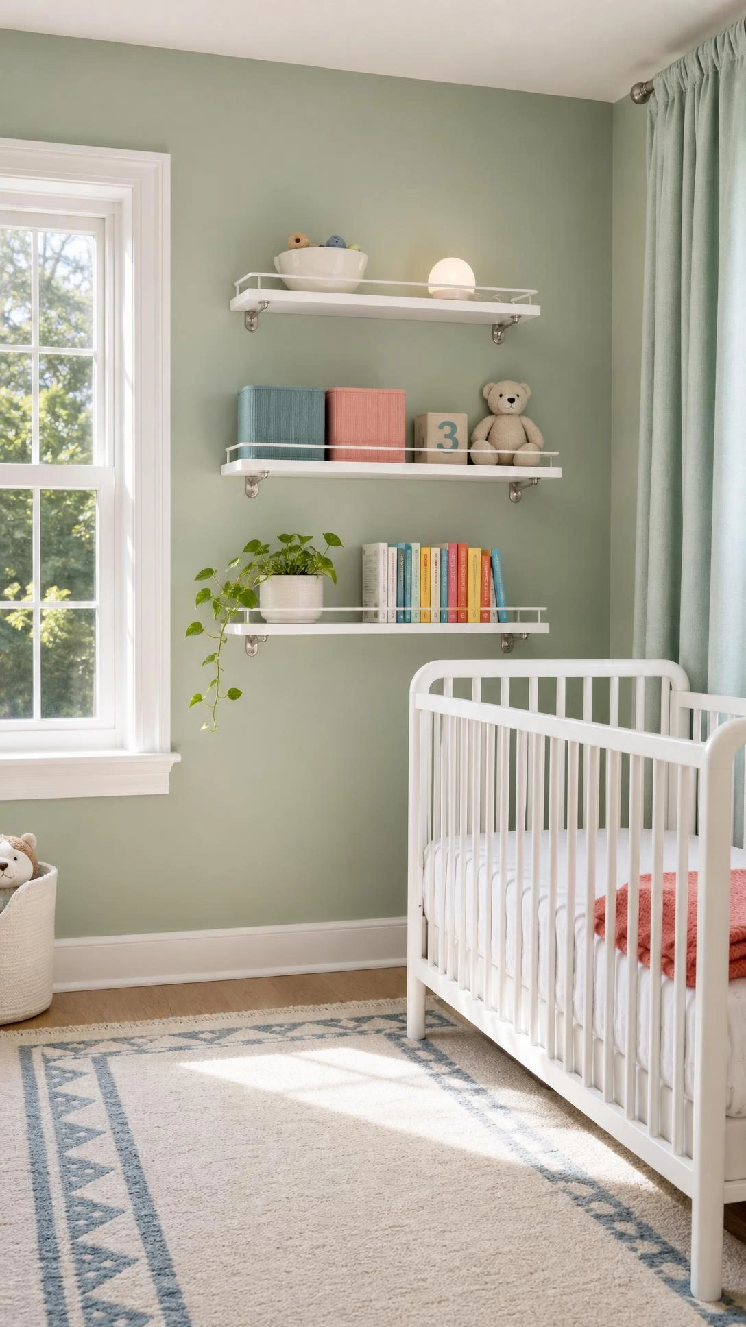 Three staggered white wall-mounted shelves on sage-green wall in small toddler bedroom, maximizing vertical storage from floor to ceiling in natural daylight