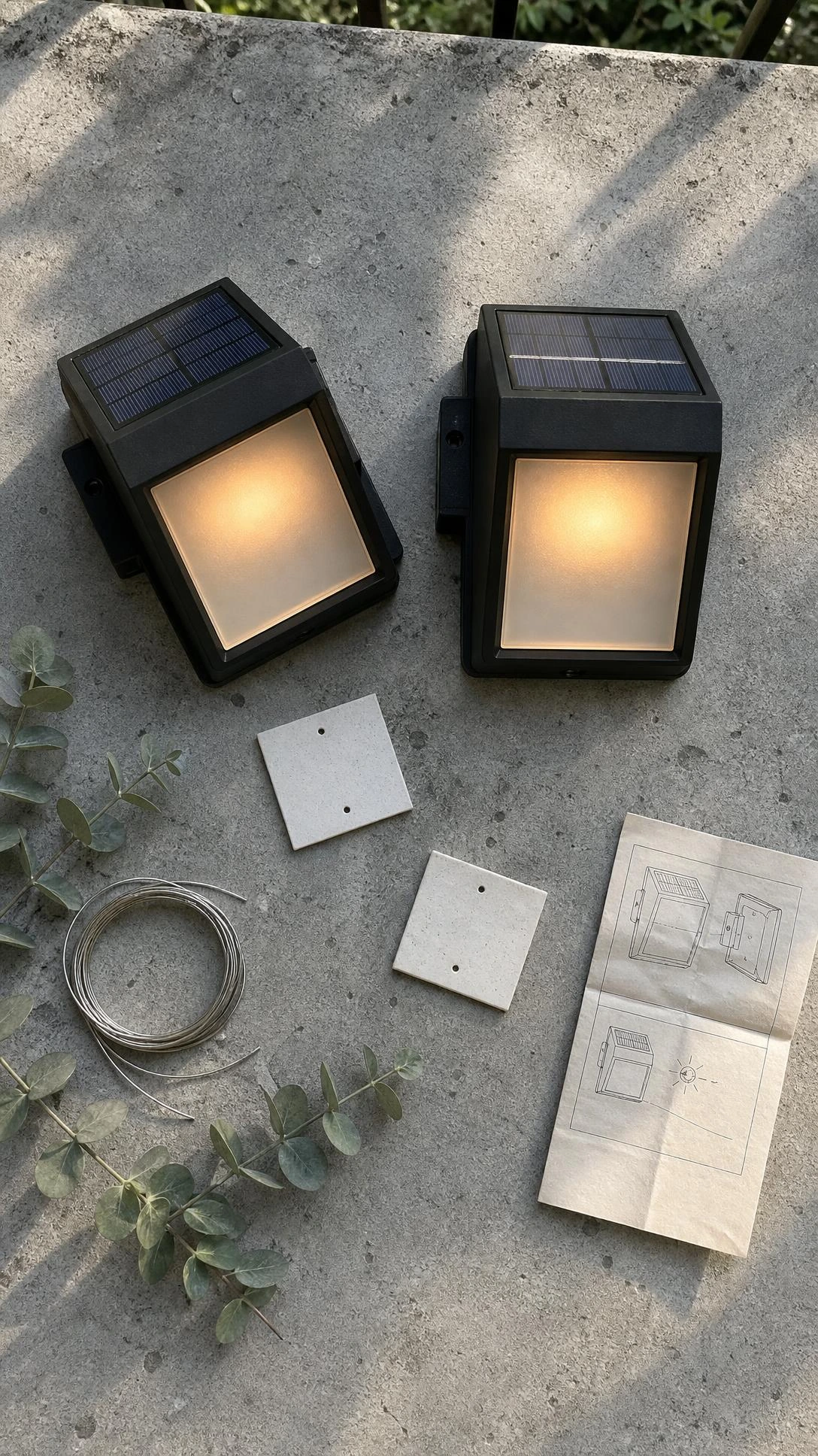 Two matte black solar wall sconces with frosted amber-glowing diffusers laid flat on gray concrete, showing what you get before mounting balcony lights