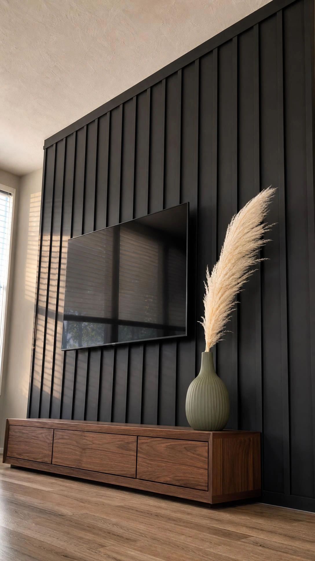 Floor-to-ceiling charcoal matte wall paneling with vertical grooves frames a wall-mounted TV, concealing all cords behind a sleek built-in design