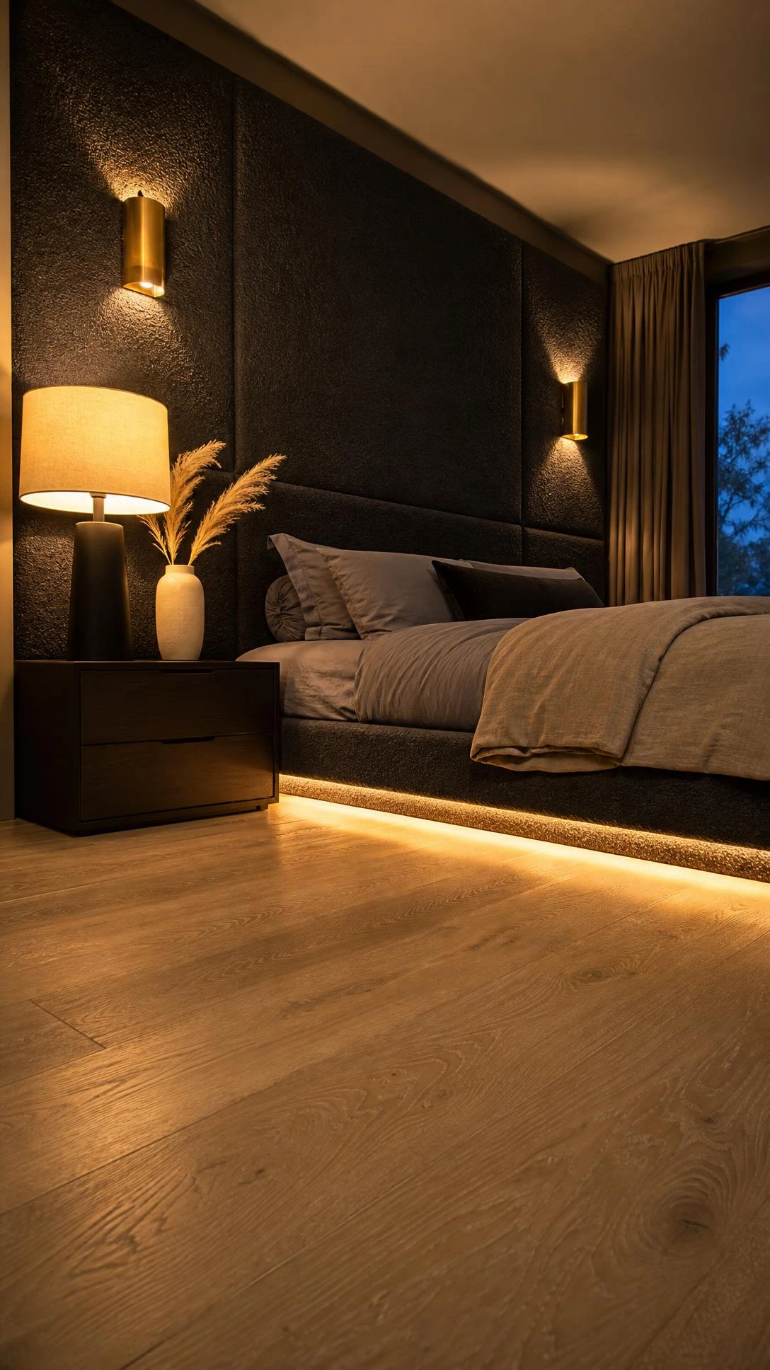 Layered warm ambient lighting in a luxurious modern master bedroom, with a matte black table lamp casting a golden glow across the bedside table at dusk