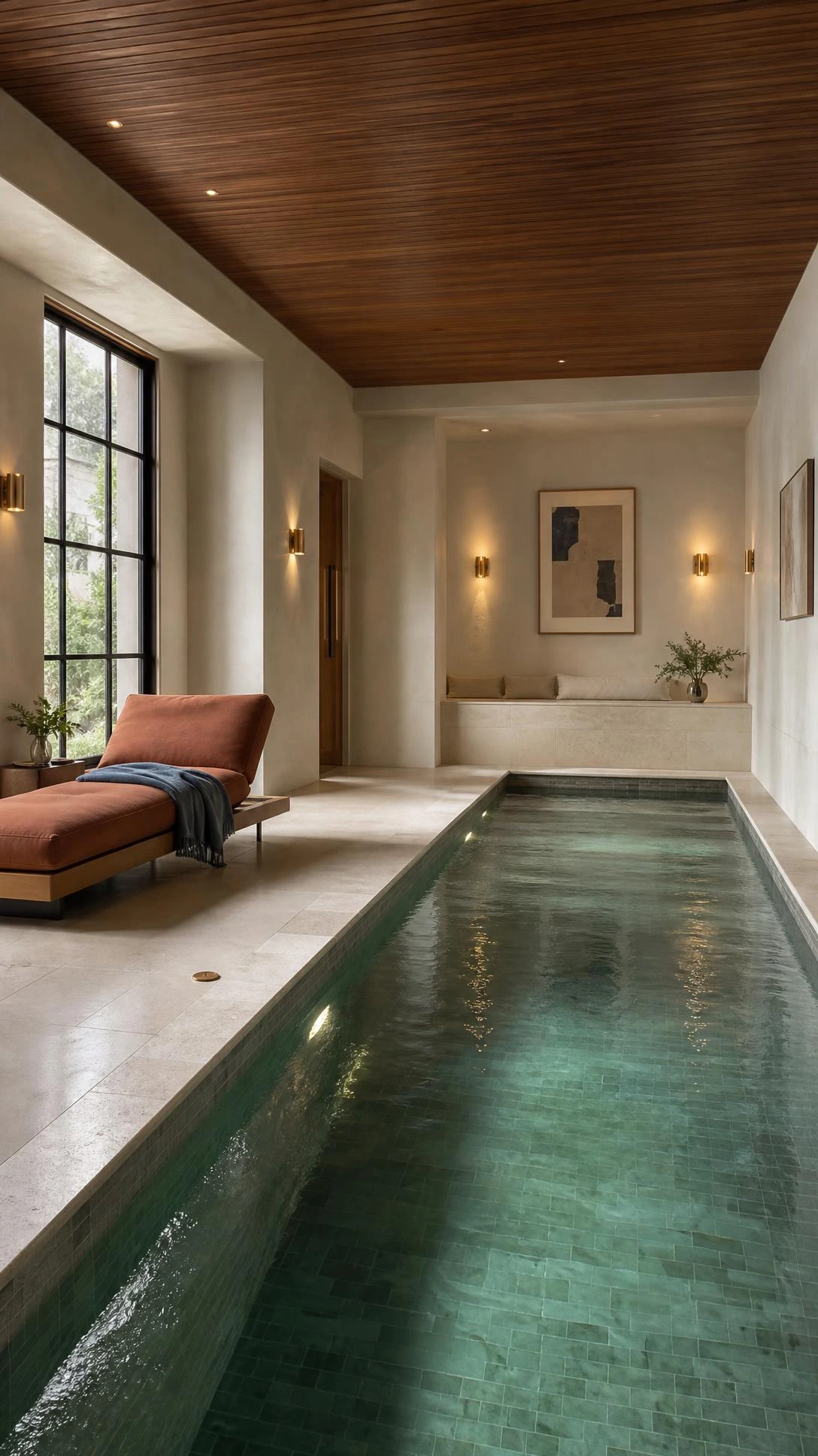 Luxury indoor swimming pool design with gray-green tile, pale limestone coping, walnut slat ceiling, and brass sconces for a warmer feel.