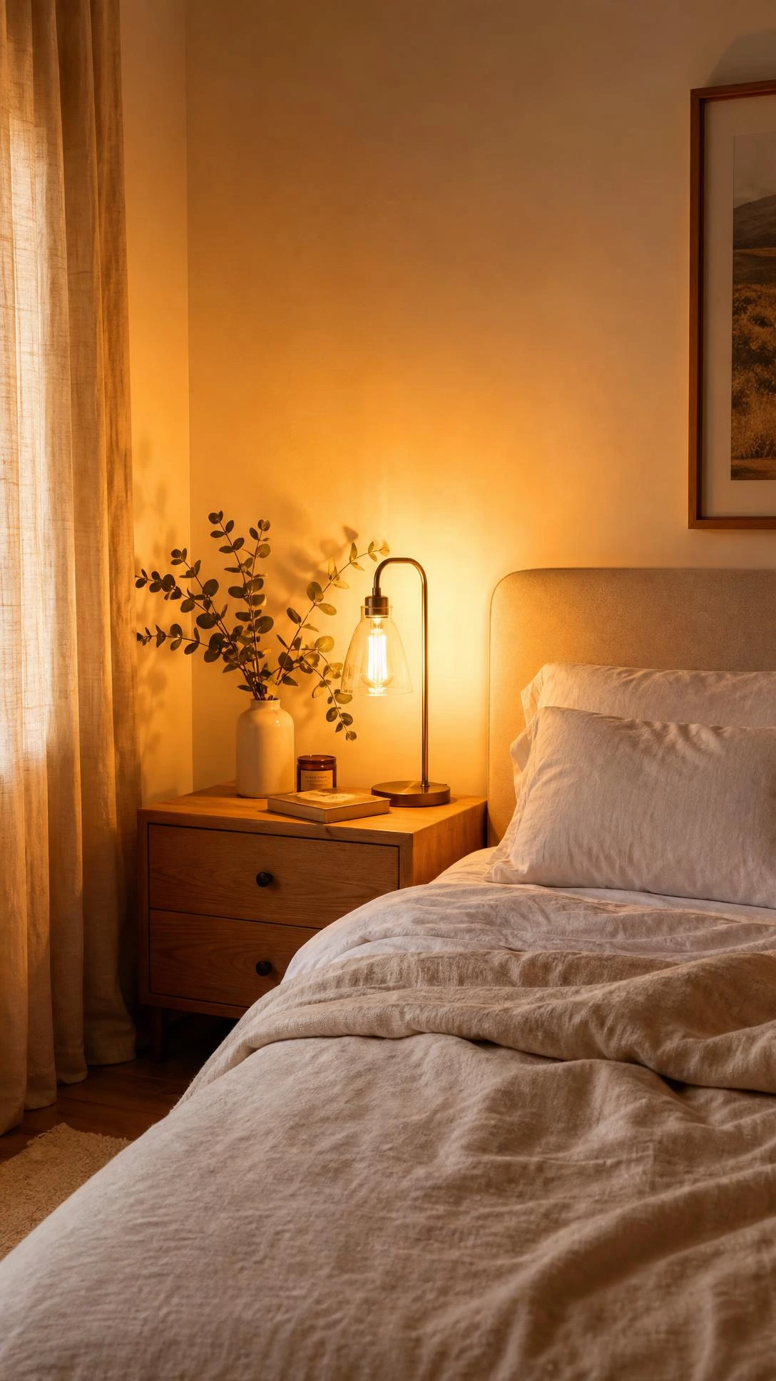 Warm amber Edison bulb lamps glowing on beige nightstands in a white bedroom, showing how warm lighting transforms neutral bedroom tones