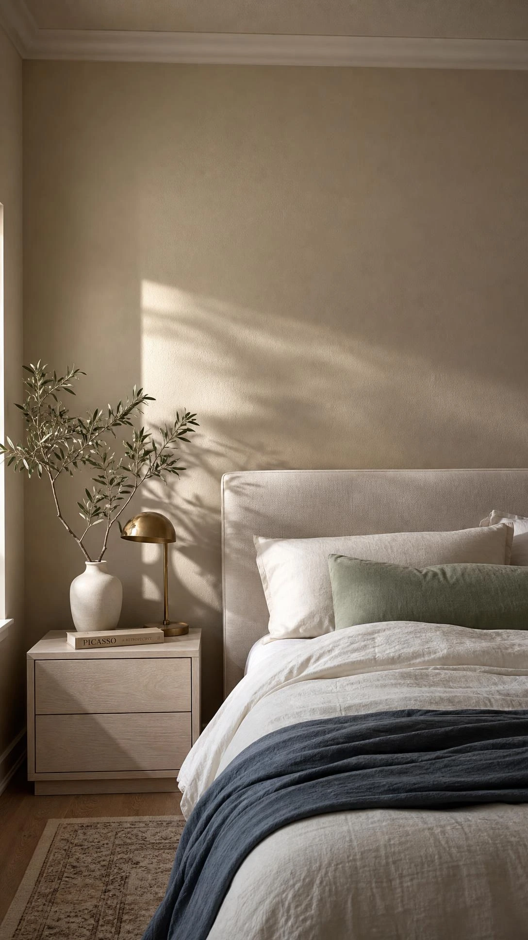 Freshly painted warm greige-taupe bedroom wall with matte finish catching soft natural light, setting a rich neutral base for a modern luxurious master bedroom