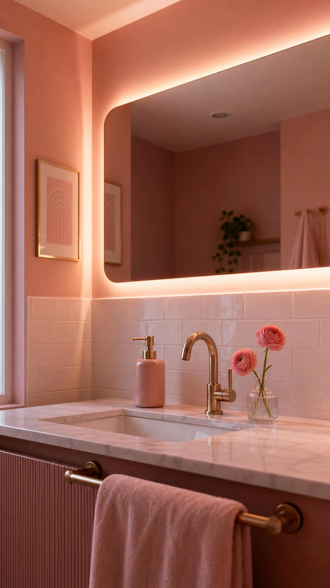Warm LED strip lights behind a floating vanity mirror cast a rosy golden-pink glow across white subway tiles in a dreamy pink bathroom