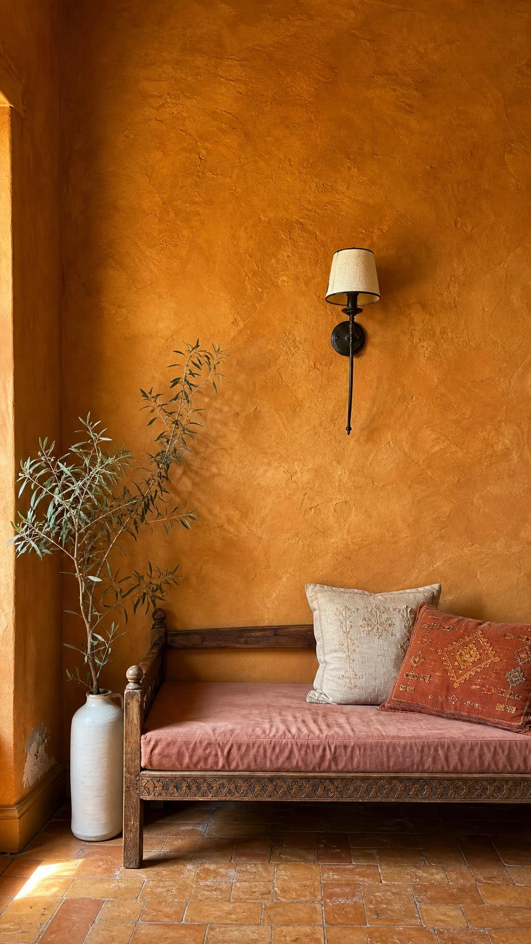 Italian living room corner with hand-applied ochre terracotta plaster wall showing visible trowel marks and uneven warm pigment depth