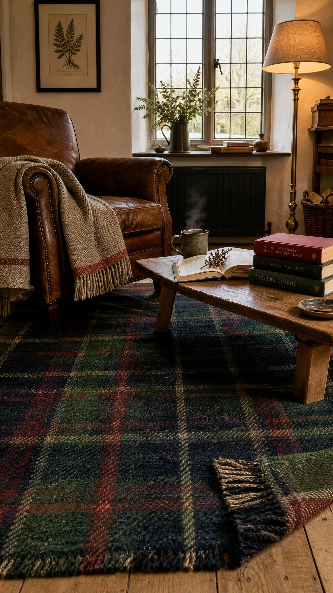 Thick tartan wool rug in forest green, navy, and burnt red anchoring a layered English countryside living room corner bathed in soft window light