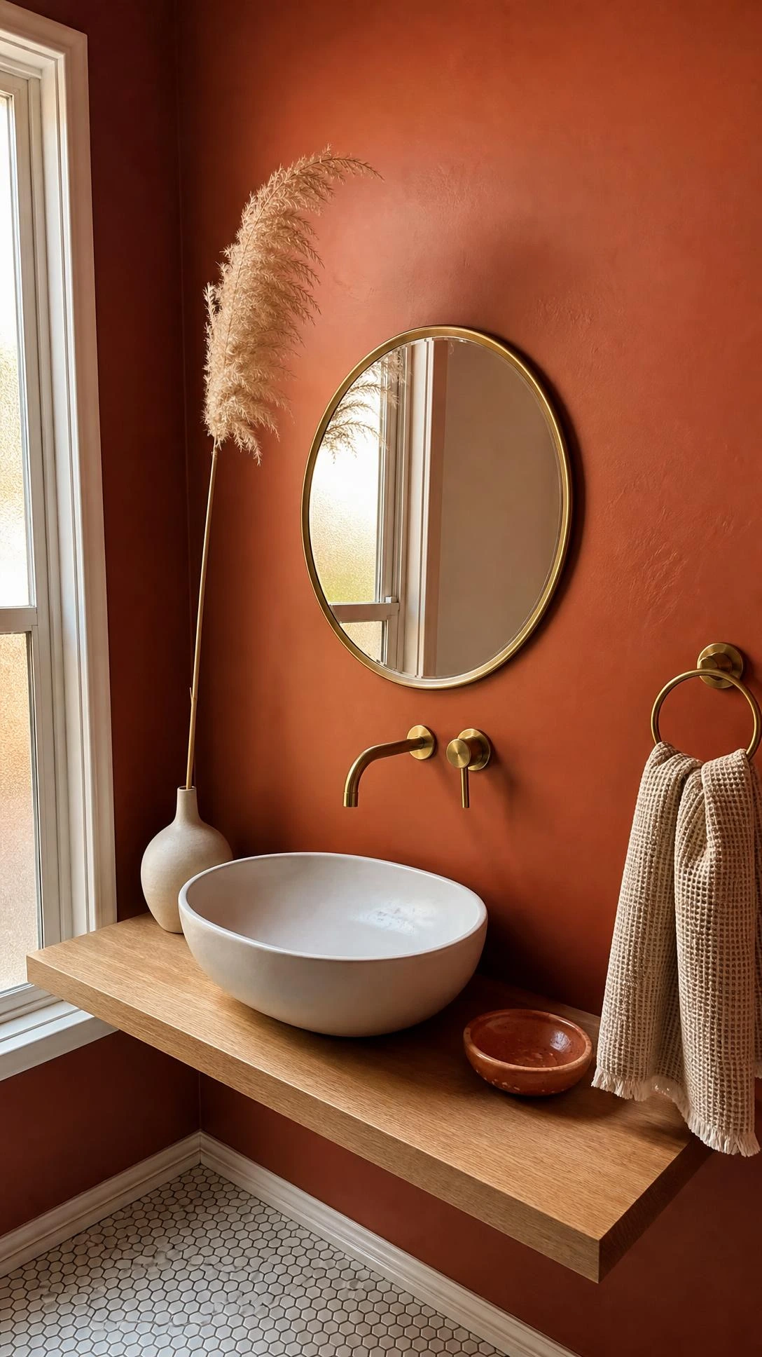 Matte terracotta clay walls in a minimalist bathroom create warm, earthy depth without visual clutter, proving bold color works in small spaces