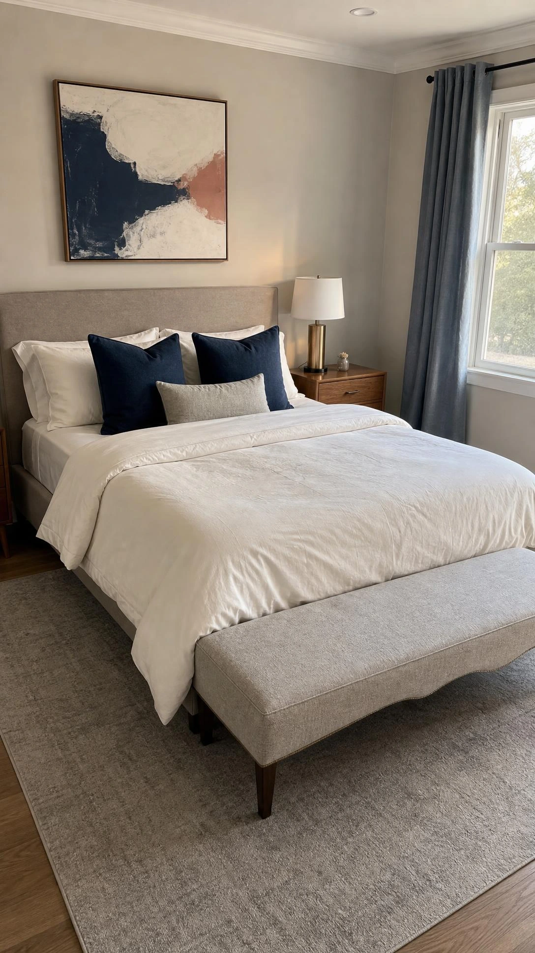 Warm white bedding with navy pillows on a neatly made queen bed shows a clean, modern Navy Bedroom Ideas look with soft contrast.