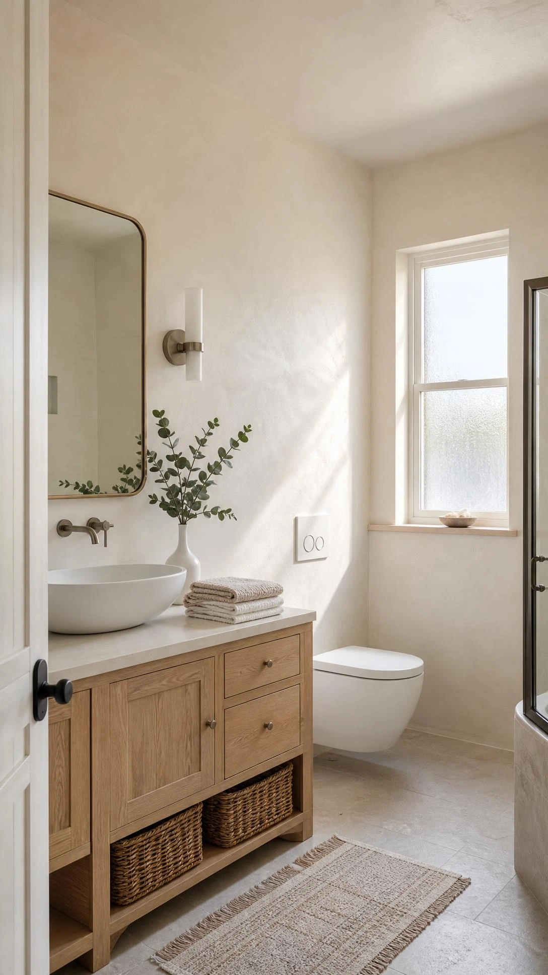 Coastal bathroom with warm white plaster-toned walls that catch afternoon light softly, creating a creamy dimensional finish that looks far more expensive than paint alone